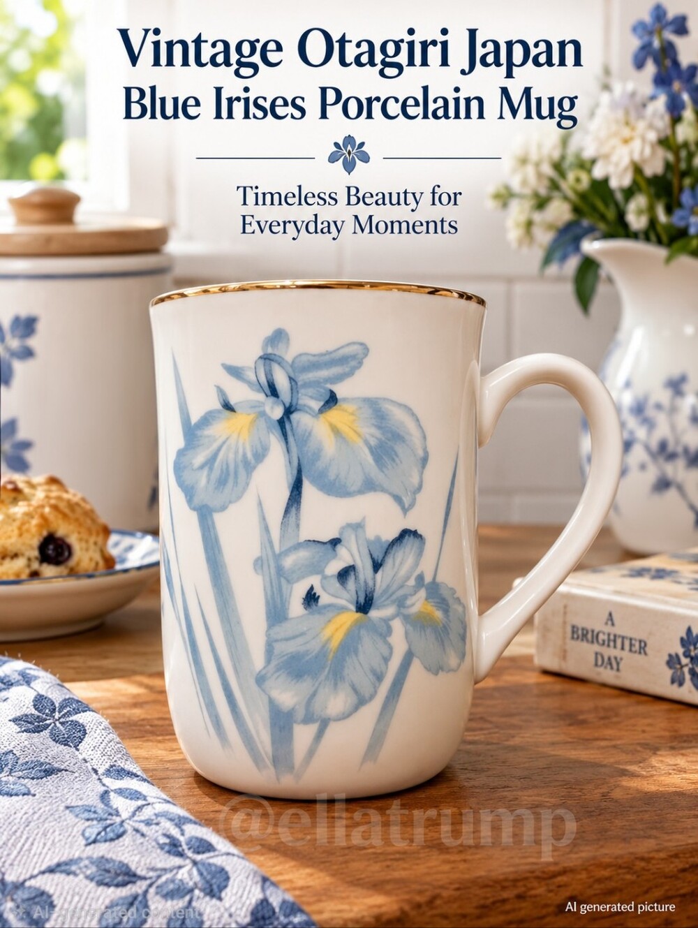One Vintage Otagiri Japan Blue Irises Porcelain Mug